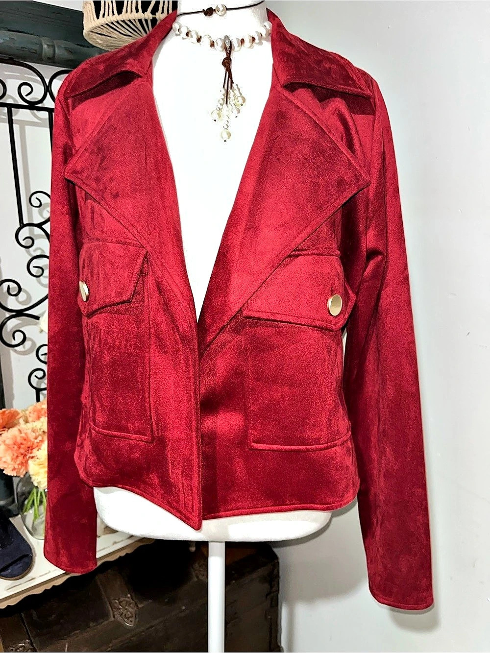 Active USA Red Faux Suede Utility Jacket Size Large NWT